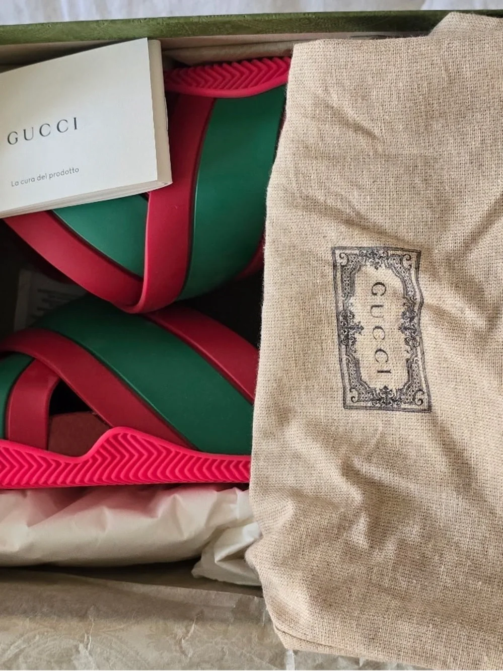 Gucci Green & Pink Crisscross Slide Sandals